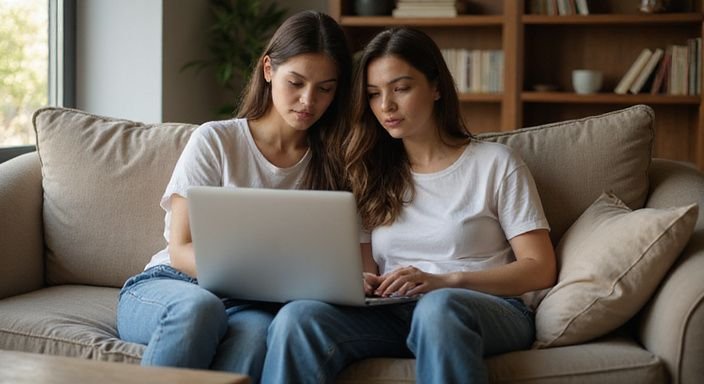 Twee vrouwen werken samen ontspannen op een bank met een laptop