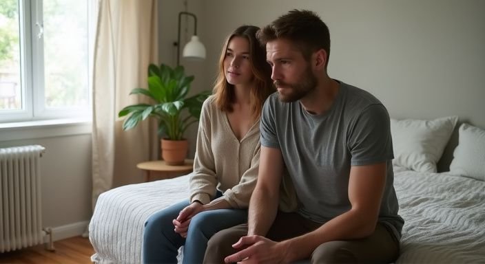 Een man en vrouw zitten ontspannen op de rand van een bed