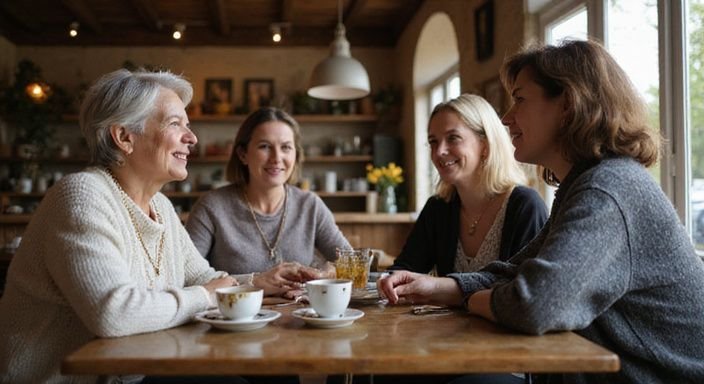 Een groep vrouwen geniet van een levendig gesprek in een café
