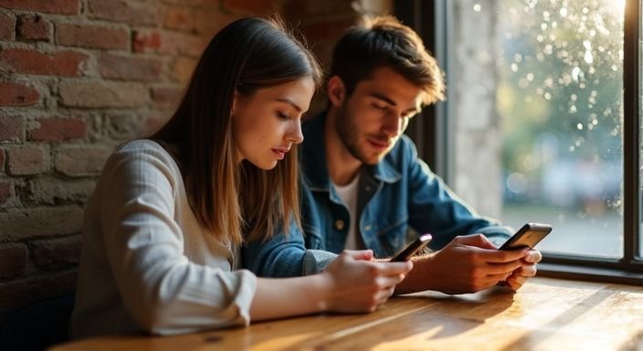 Een jong stel zit dicht bij elkaar in een café