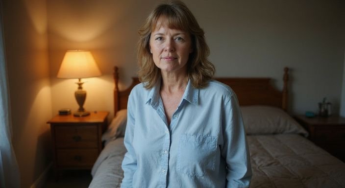 Vrouw in slaapkamer met een rustige, contemplatieve uitstraling