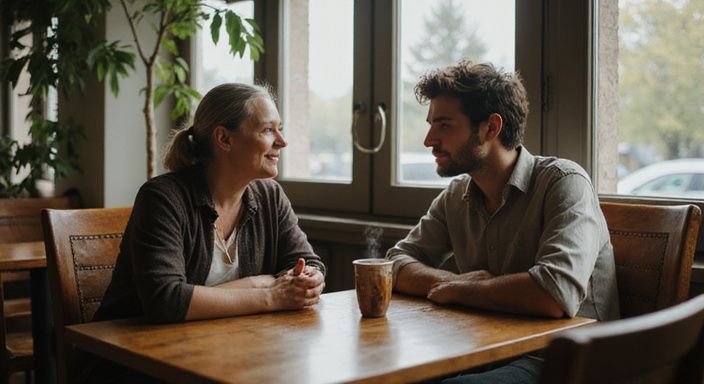 Een oudere vrouw vertelt levendig aan een jongere man in een café