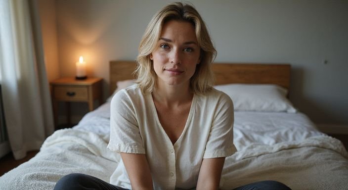 Een vrouw met golvend haar, ontspannen op een bed