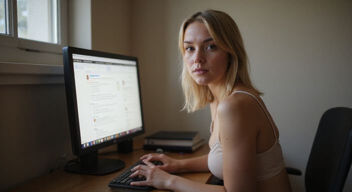 Een jonge vrouw in lingerie zit aan een bureau met een computer
