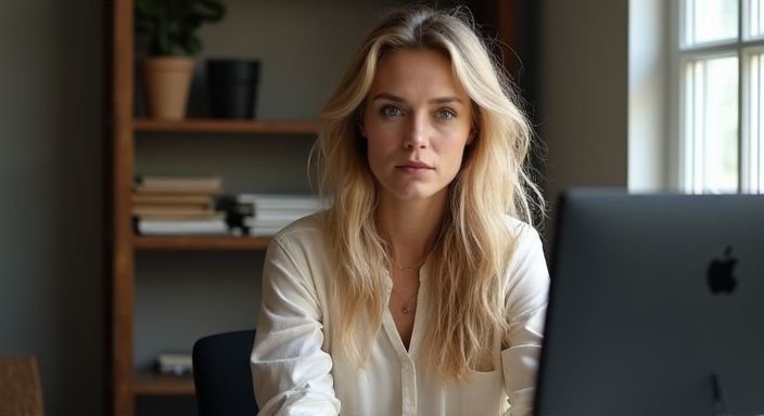 Een vrouw met lang blond haar zit geconcentreerd achter een computer