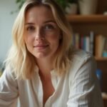 Blondines webcamsex live show Een vrouw in een blouse zit ontspannen aan een bureau