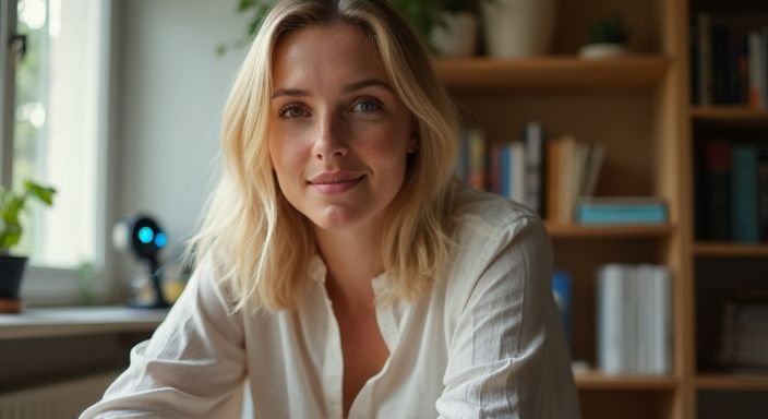 Een vrouw in een blouse zit ontspannen aan een bureau
