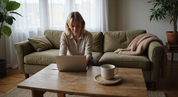 Een persoon in de woonkamer gebruikt een laptop voor online daten. Een persoon in de woonkamer gebruikt een laptop voor online daten