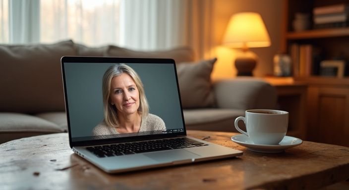 Een laptop staat op een houten tafel met een lege koffiemok. Een laptop staat op een houten tafel met een lege koffiemok