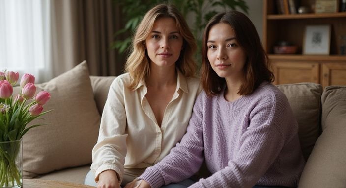 Twee vrouwen in een gezellige woonkamer delen een intiem moment. Twee huisvrouwen die sex willen in een gezellige woonkamer delen een intiem moment