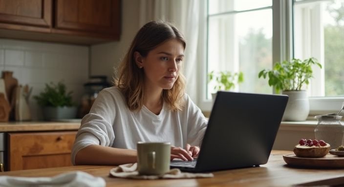 Een vrouw zit aan de keukentafel en bekijkt een datingsite. Een vrouw zit aan de keukentafel en bekijkt een datingsite