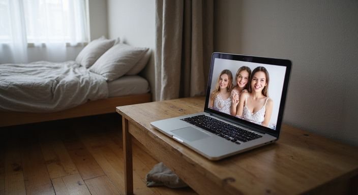 Een slaapkamer met een laptop en modellen in een webcaminterface