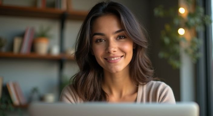 Een vrouw met een warme uitstraling zit voor haar webcam