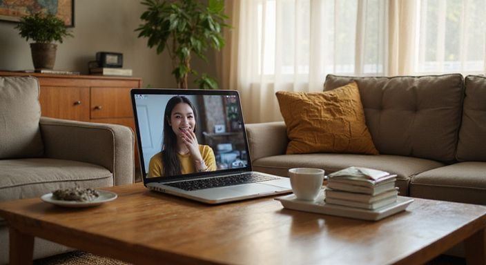 Een gezellige woonkamer met een laptop en diverse modellen in gesprek