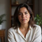 Een vrouw met een ontspannen uitstraling in een gezellige woonkamer