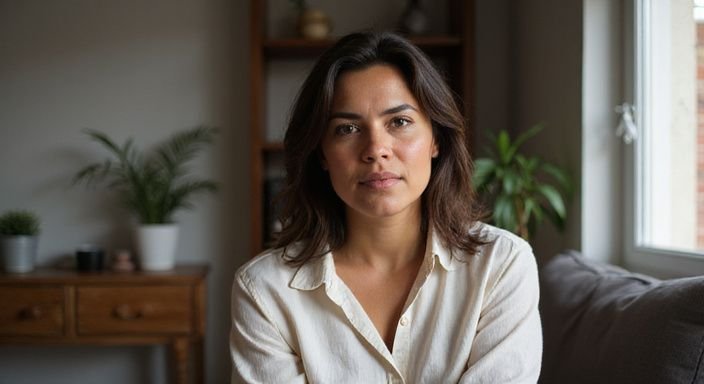 Een vrouw met een ontspannen uitstraling in een gezellige woonkamer