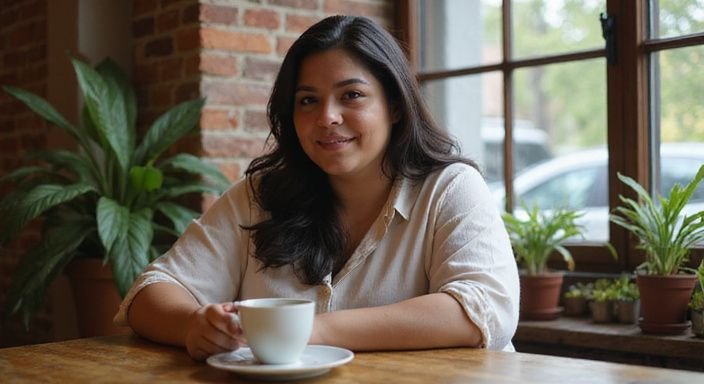 Een plus-size vrouw geniet van een intiem gesprek in een café. Een plus size vrouw geniet van een intiem gesprek in een café