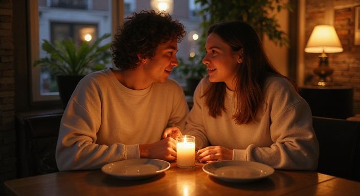 Een vrouw en haar partner genieten van een intiem diner. Een vrouw en haar partner genieten van een intiem diner