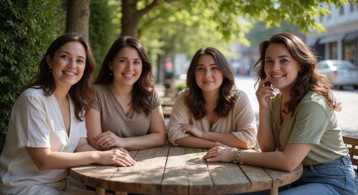 Een groep plus-size vrouwen geniet van elkaars gezelschap aan een tafel. Een groep plus size vrouwen geniet van elkaars gezelschap aan een tafel