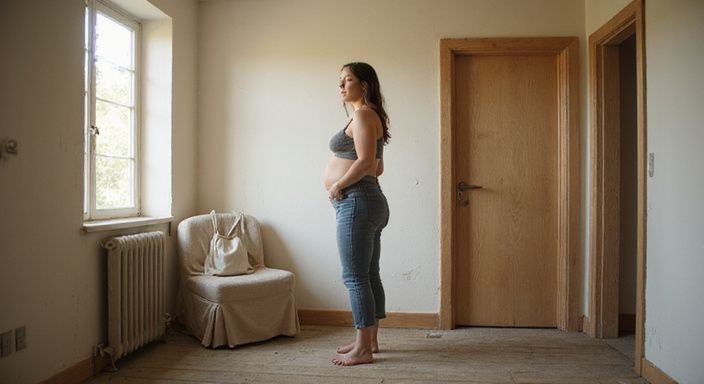 Vrouw met zelfverzekerde houding in een bescheiden, sfeervolle kamer. Vrouw met zelfverzekerde houding in een bescheiden, sfeervolle kamer