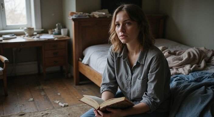 Vrouw in verwarde kamer leest boek over seksuele verlangens