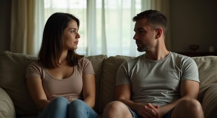 Een man en vrouw zitten op een versleten bank in spanning