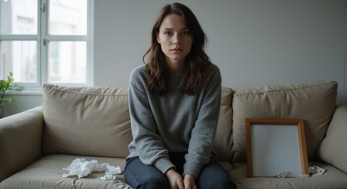 Een vrouw zit alleen op een versleten bank, somber en moe. Een vrouw zit alleen op een versleten bank, somber en moe