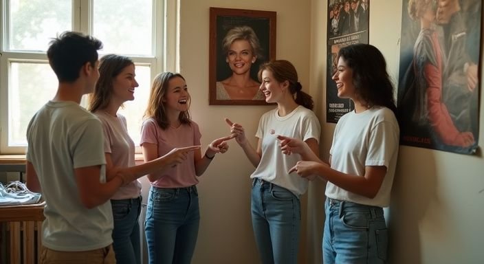 Vijf jonge volwassenen lachen samen in een gezellige studentenkamer. Vijf jonge volwassenen lachen samen in een gezellige studentenkamer