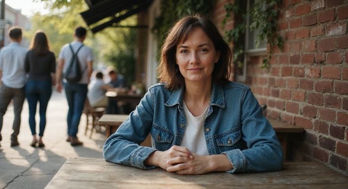 Een middelbare vrouw zit contemplatief aan een cafétafel buiten. Een middelbare vrouw zit contemplatief aan een cafétafel buiten