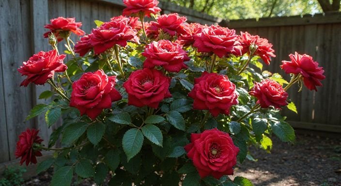 Een dicht begroeide rozenstruik met dieprode rozen in een tuin. Een dicht begroeide rozenstruik met dieprode rozen in een tuin