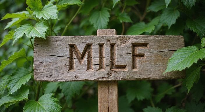 Een houten bord met 'MILF' staat tegen een groene achtergrond. Een houten bord met