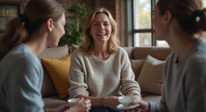 Een lachende vrouw in een gezellige setting, omringd door vrienden. Een lachende vrouw in een gezellige setting, omringd door vrienden