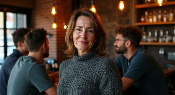 Een vrouw in een grijze trui geniet van een levendig gesprek. Een vrouw in een grijze trui geniet van een levendig gesprek