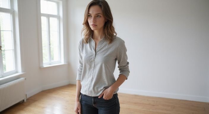 Een vrouw in een minimalistische kamer met een ontspannen houding. Een vrouw in een minimalistische kamer met een ontspannen houding