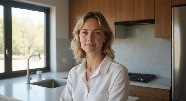 Een vrouw in een moderne keuken met een kalme uitstraling. Een vrouw in een moderne keuken met een kalme uitstraling