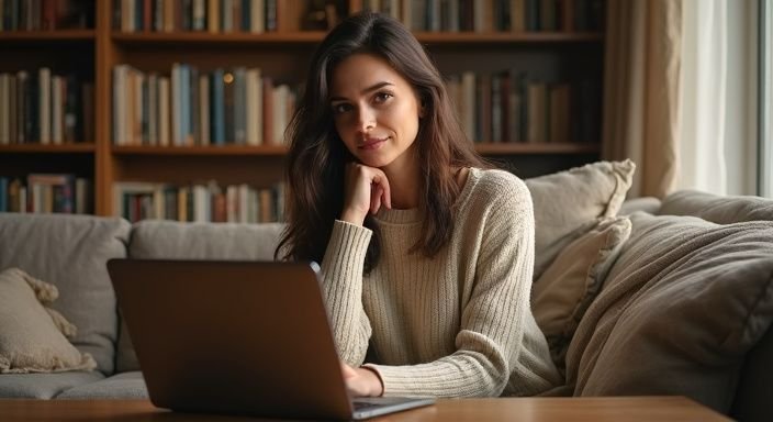 Een vrouw in een gezellige woonkamer denkt na over relaties. Een vrouw in een gezellige woonkamer denkt na over relaties
