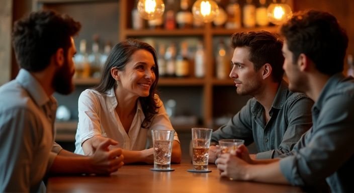 Een oudere vrouw converserend met jongere mannen in een cocktailbar. Een oudere vrouw converserend met jongere mannen in een cocktailbar