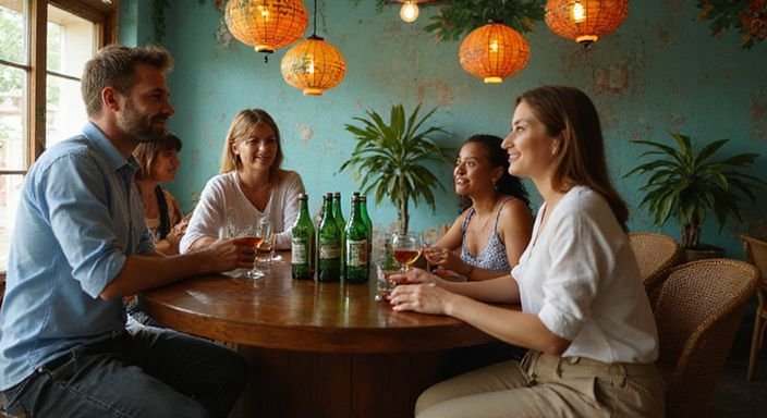 Man en vrouw in gesprek met een groep vrouwen in een bar. Man en vrouw in gesprek met een groep vrouwen in een bar over Antilliaanse Vrouwen sexdating.