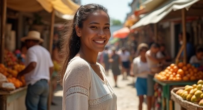 Een vrouw in een markt met tropisch fruit en drukte om haar heen. Een vrouw in een markt met tropisch fruit en drukte om haar heen.
