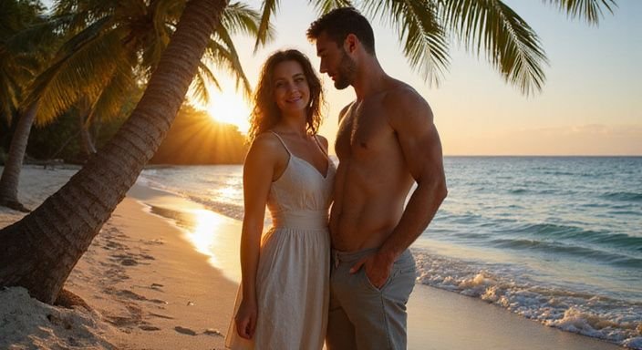 Een stel geniet van een intiem moment op een afgelegen strand. Een stel geniet van een intiem moment op een afgelegen strand.