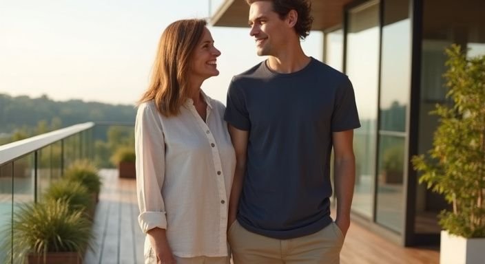 Een middeljarige vrouw en haar jongere partner genieten van elkaars gezelschap. Een middeljarige vrouw en haar jongere partner genieten van elkaars gezelschap.
