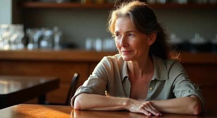 Een volwassen vrouw zit ontspannen aan een houten bar, verdiept in gedachten. Een volwassen vrouw zit ontspannen aan een houten bar, verdiept in gedachten.