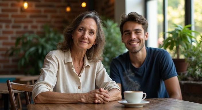 Een oudere vrouw en een jongere man delen een intiem moment in een café. Een oudere vrouw en een jongere man hebben een cougar date in een café.