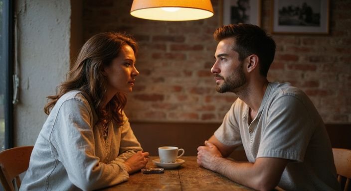 Een vrouw en een man delen een intense conversatie in een café. Een vrouw en een man delen een intense conversatie in een café tijdens een Cougar Date.