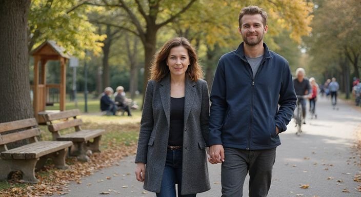 Een vrouw en man wandelen hand in hand in het park. Een vrouw en man wandelen hand in hand in het park.