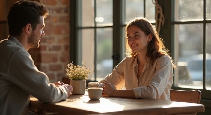 Een vrouw en een jongeman hebben een ontspannen gesprek in een café. Een vrouw en een jongeman hebben een cougar date in een café.