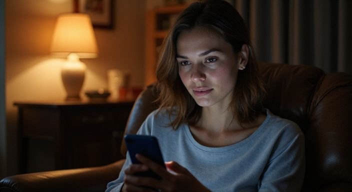 Een vrouw in de veertig kijkt geconcentreerd naar haar smartphone. Een vrouw in de veertig kijkt geconcentreerd naar haar smartphone.