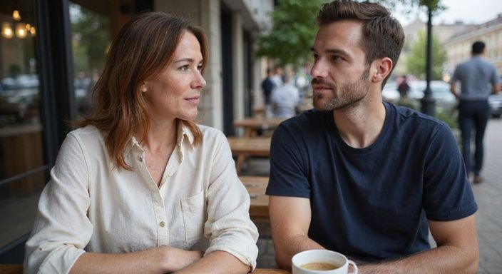 Vrouw en jongeman voeren een levendig gesprek in een café. Vrouw en jongeman voeren een levendig gesprek over cougar date in een café.