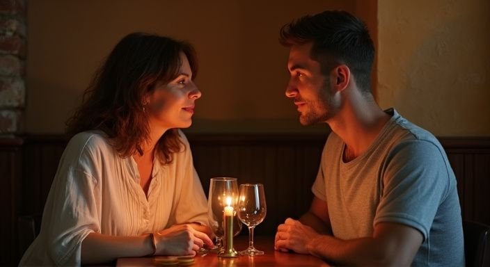 Een intiem diner tussen een vrouw en een jongeman in een restaurant. Een intiem diner tussen een vrouw en een jongeman in een restaurant tijdens een Cougar Date.