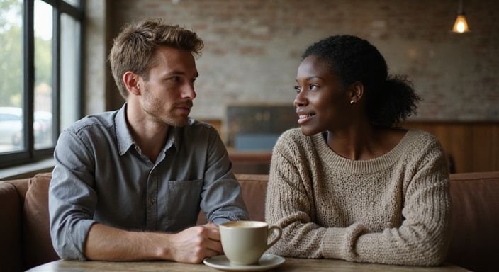 Een jonge man en vrouw genieten van een intiem gesprek in een koffiehuis. Een jonge man en vrouw genieten van donkere vrouwen sexdating in een koffiehuis.